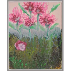 Tablou pictat manual pe panza - Gradina cu flori roz